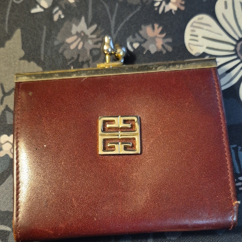 Vintage Givenchy Burgundy Leather Coin Wallet with Gold Accent
